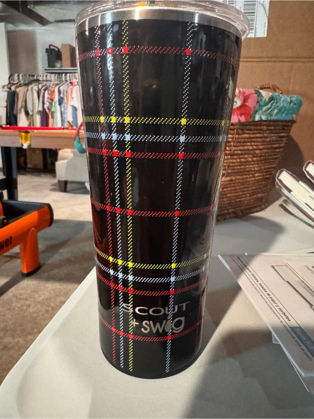 SCOUT SWIG Black Plaid Travel Tumbler - Red, Yellow & White Accents